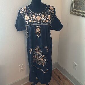Mexican gold Embroidered black  Mexican Midi dress from Puebla Sz L